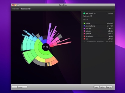 DaisyDisk 1.5.2 for Mac OS X scans disks for unneeded files
