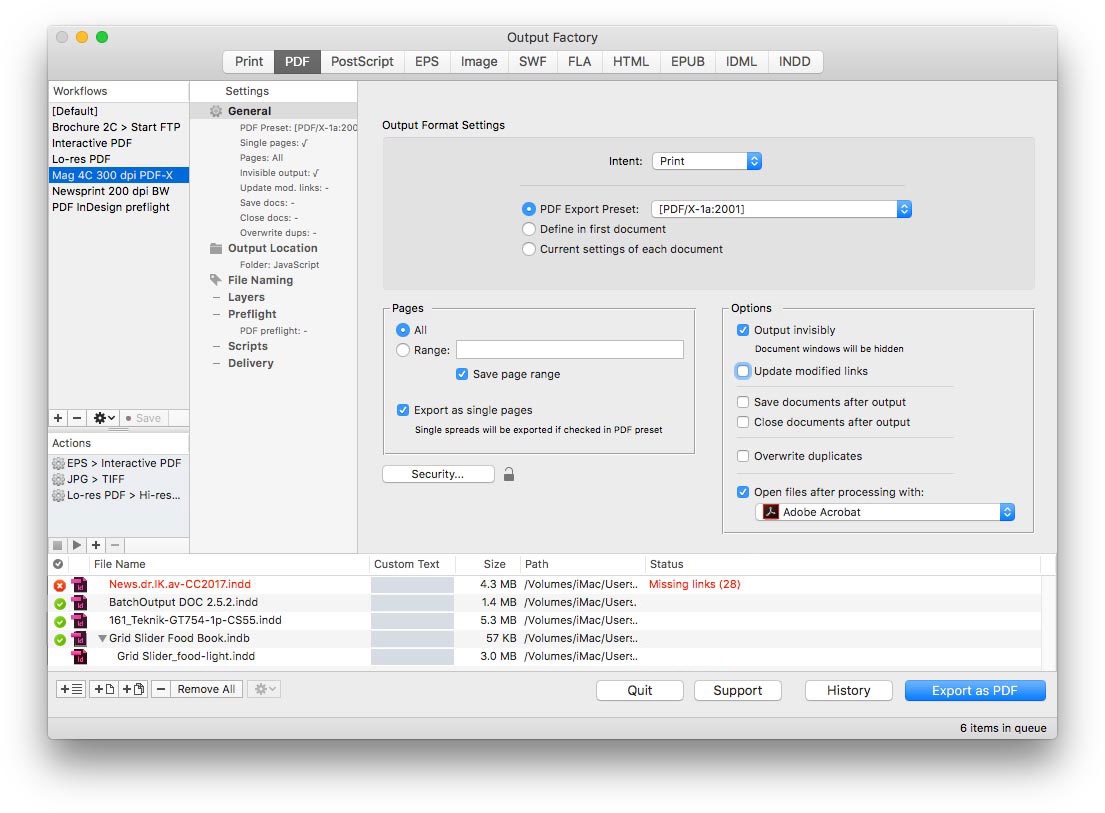 Output Factory for InDesign now lets you export books as single pages