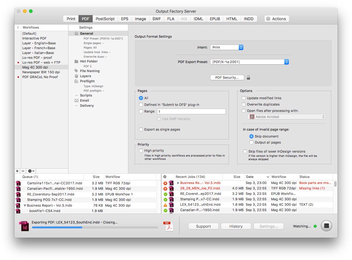 Output Factory Server for InDesign can now save page groups as PDF files