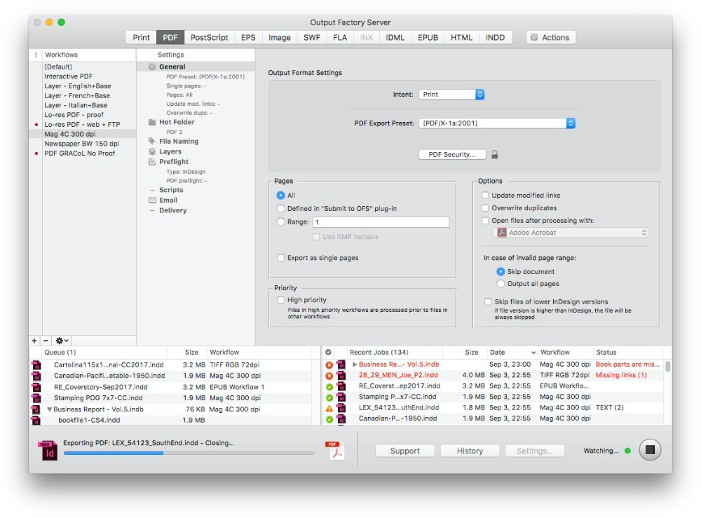 Output Factory Server for InDesign adds layer-related file name tokens