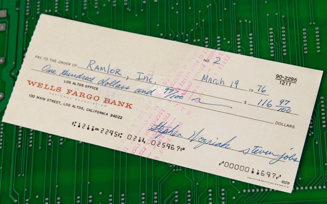 Apple Computer check No. 2 signed by co-founders Steve Jobs and Steve Wozniak is going on the auction block