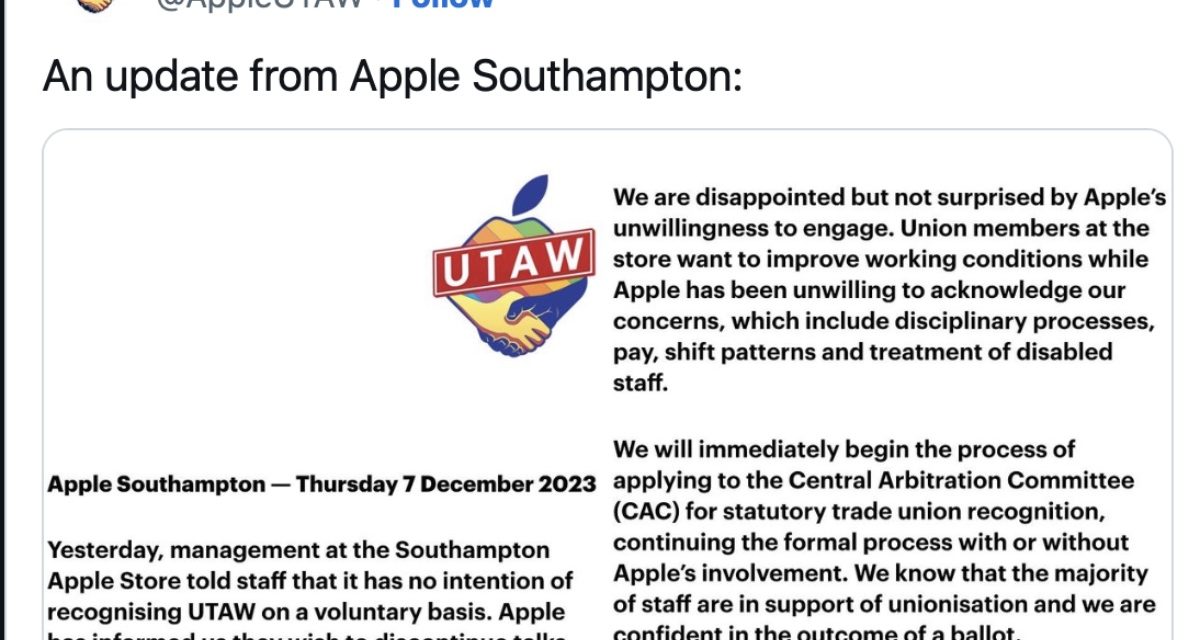 Apple has rejected the unionization efforts of its UK-based Apple Southampton location