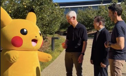 Current Apple CEO Tim Cook introduces upcoming Apple CEO to Pikachu